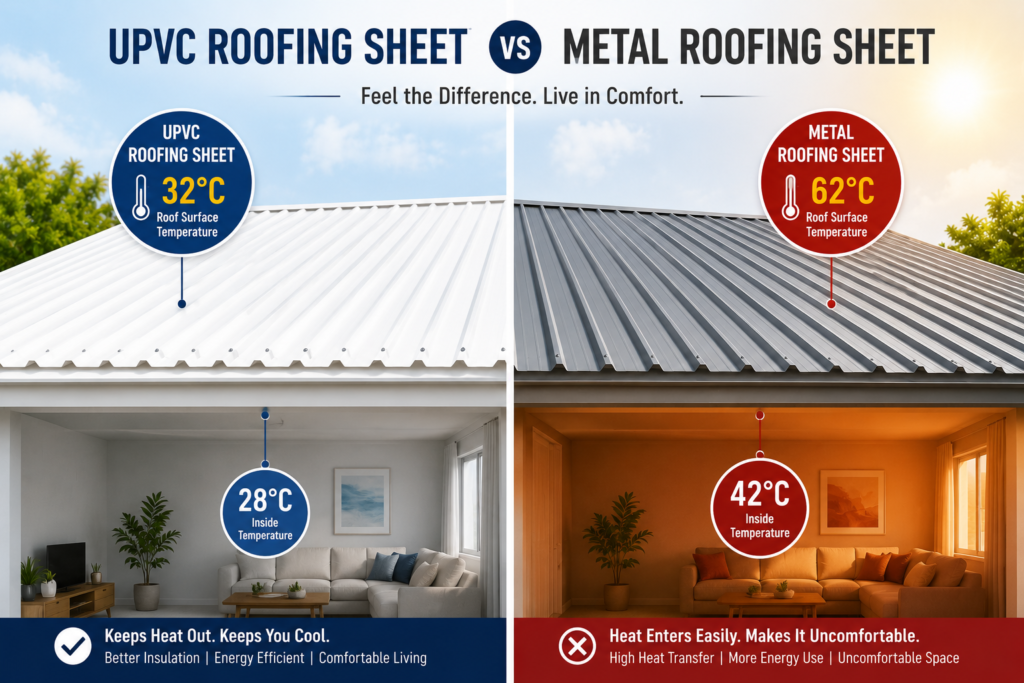 UPVC roofing sheet vs metal roofing sheet heat comparison showing lower roof and indoor temperatures with UPVC roofing