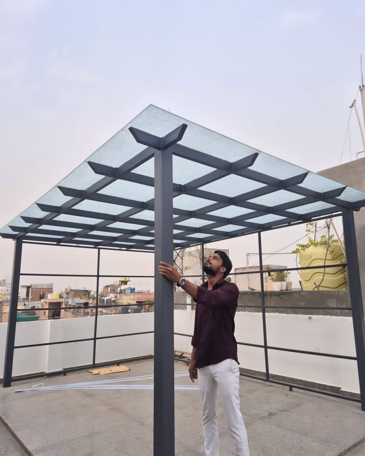Polycarbonate roofing sheet installation on a residential terrace in Coimbatore by Innovative Roof Tech Pvt Ltd providing durable, UV-resistant and weatherproof roofing solutions.