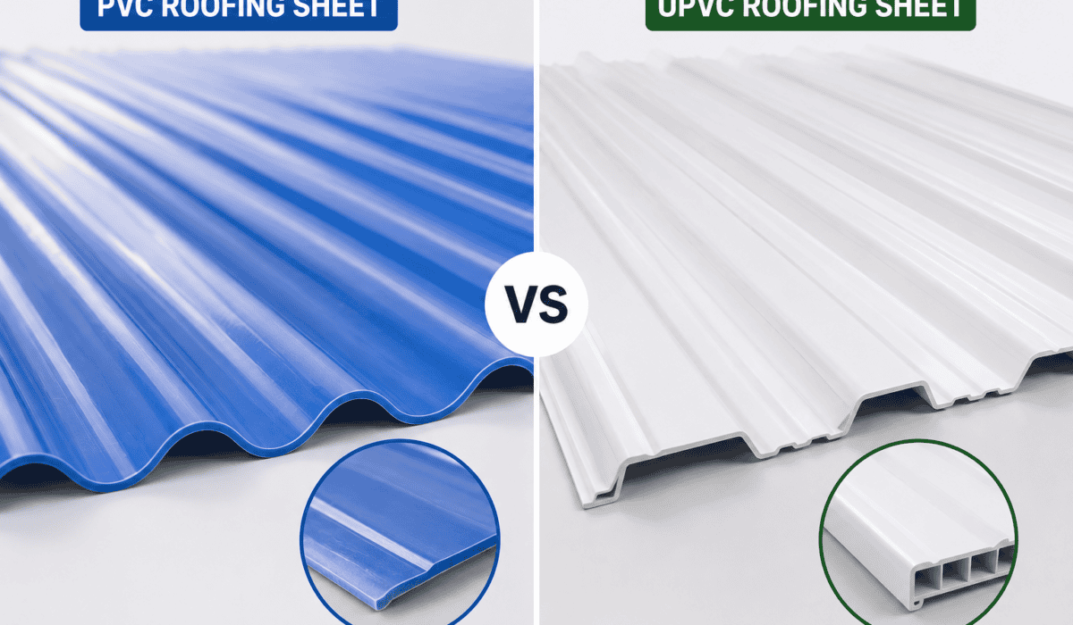 Side-by-side comparison of PVC roofing sheet and UPVC roofing sheet showing the differences in design, durability, and roofing applications.