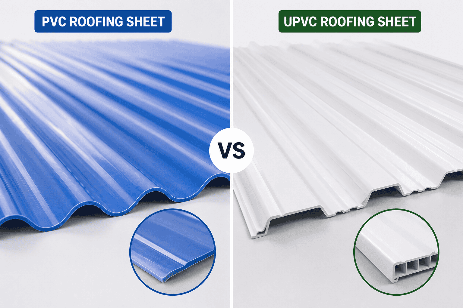 Side-by-side comparison of PVC roofing sheet and UPVC roofing sheet showing the differences in design, durability, and roofing applications.