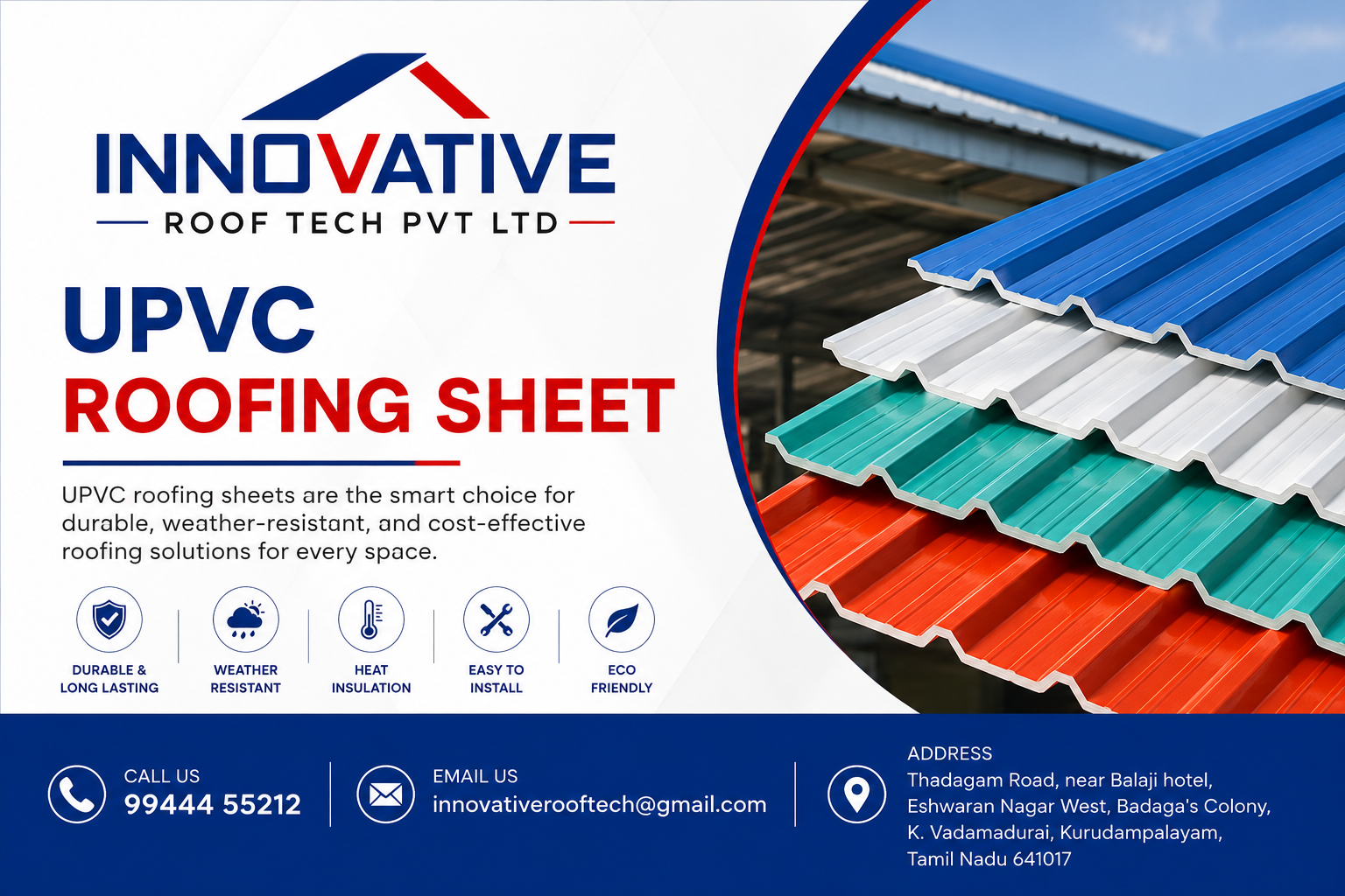 High-quality UPVC roofing sheets for industrial, commercial, and residential buildings by Innovative Roof Tech Pvt Ltd in Coimbatore, Tamil Nadu.