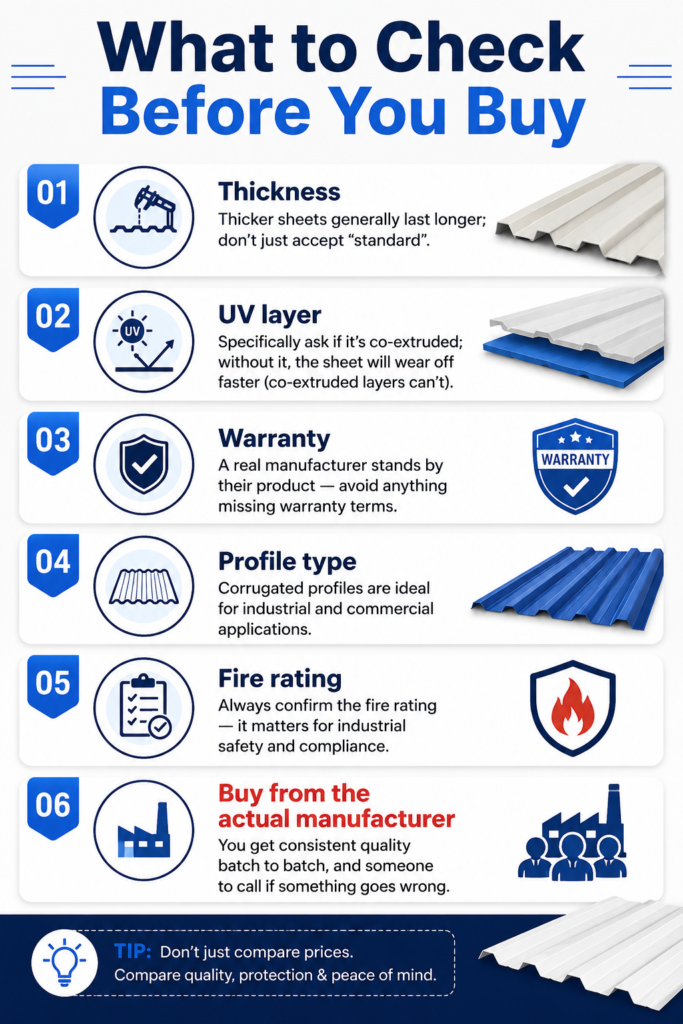 Infographic showing six important factors to check before buying UPVC roofing sheets, including thickness, UV layer, warranty, profile type, fire rating, and manufacturer credibility.