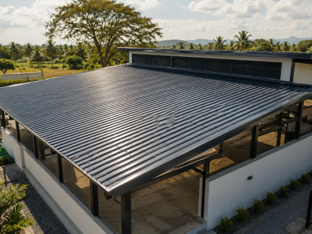 UPVC roofing sheets installed on a modern industrial warehouse, showing the corrugated profile, durable roofing structure, and professional roof installation in daylight.