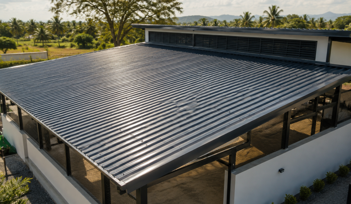 UPVC roofing sheets installed on a modern industrial warehouse, showing the corrugated profile, durable roofing structure, and professional roof installation in daylight.