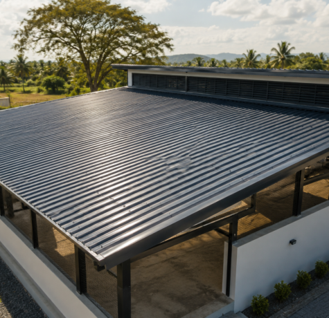 UPVC roofing sheets installed on a modern industrial warehouse, showing the corrugated profile, durable roofing structure, and professional roof installation in daylight.